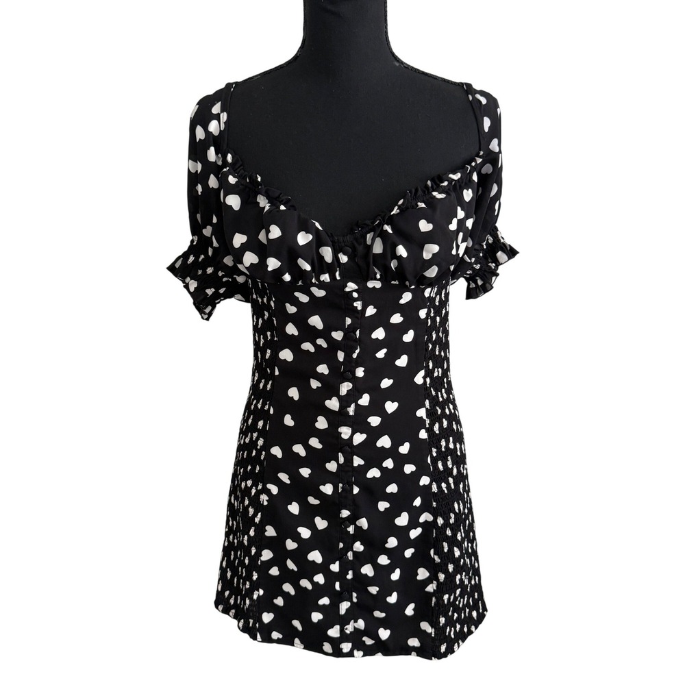 Lani the Label Black White Heart Print Milkmaid Mini Dress Size M Smocked